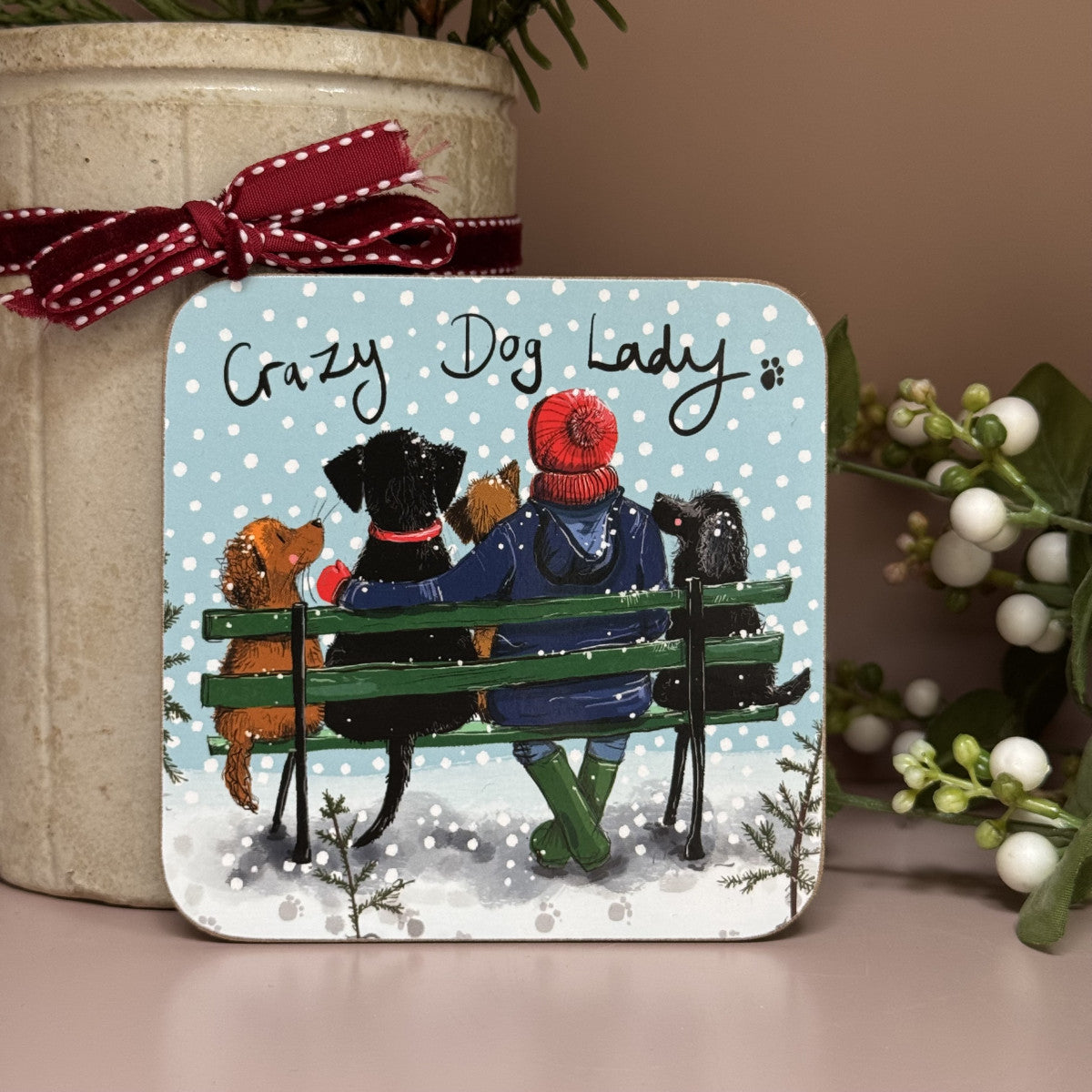 Alex Clark Crazy Dog Lady at Christmas Coaster