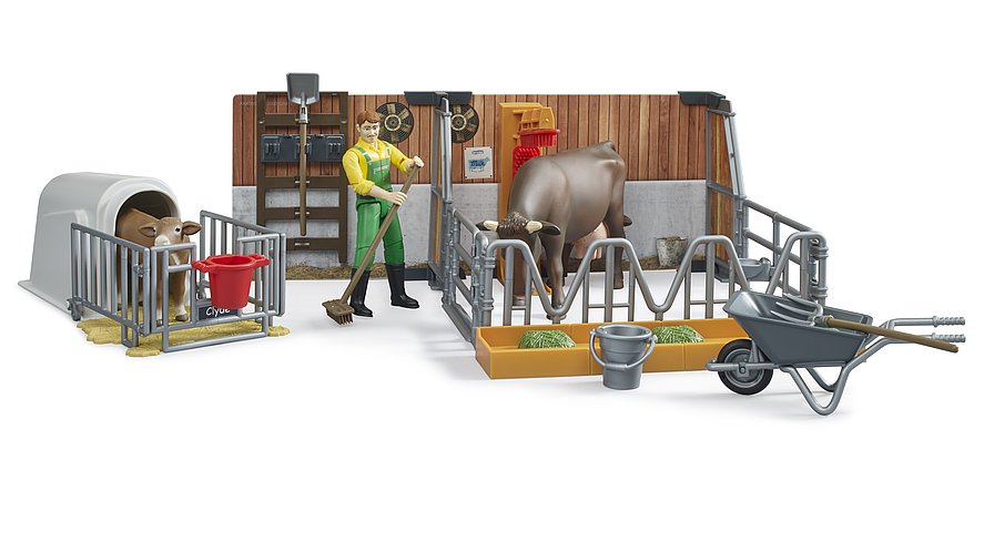Bruder Cow and Calf Barn with Farmer, Cow and Calf